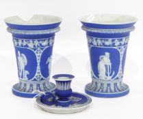 Pair of 19th century Wedgwood blue jasperware vases of tapering cylindrical form,