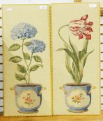 Pair of botanical tapestry panels depicting tulips and hydrangea,