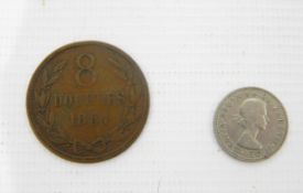 Guernsey eight dobles 1864 coin (worn) and a silver sixpence (2)