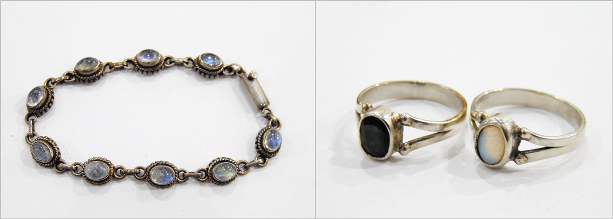 Silver-coloured bracelet set with moonstone cabochon links, marked 925, - Image 3 of 6
