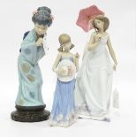 Collection of three Lladro figures including young girl with hat,