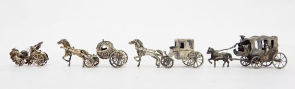 Articulated white metal miniature model of a pumpkin carriage pulled by a single horse, marked 925,