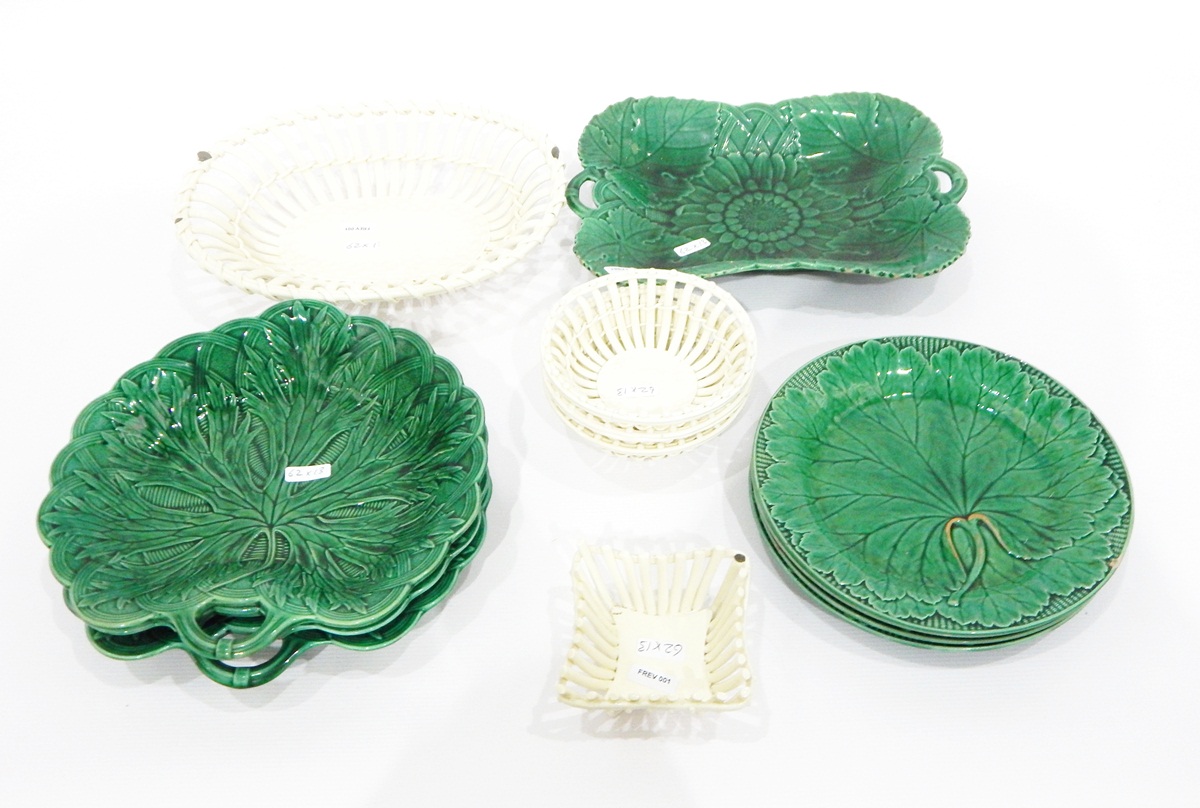 Quantity of Wedgwood green glazed leaf-moulded dishes and a quantity of cream pottery basket-shaped - Image 2 of 2