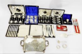 Cased set of six silver plated eggcups, various cased silver plated flatware sets,