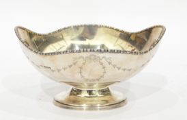 Silver pedestal bowl by Atkin Bros, Chester 1919, of oval form with beaded wavy rim,