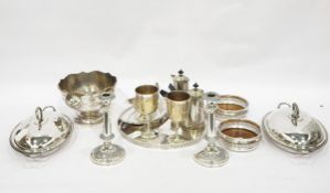 Pair of silver plated entree dishes and covers with bead borders, a sauceboat and stand,