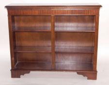 Reproduction mahogany and line inlaid dwarf bookcase having an arrangement of six open shelves,