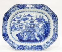 18th century Chinese porcelain meat dish with lakeside scene of figures, pagodas and bridge,