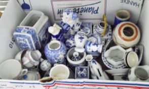 Large quantity of ceramics including blue and white, a model of a rabbit, model of a St Bernard dog,