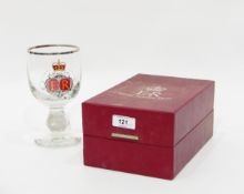 Boxed Silver Jubilee goblet with enamel and engraved decorations,