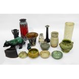 Quantity of studio and other pottery to include vases, green glazed model bear, etc.