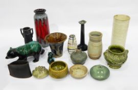 Quantity of studio and other pottery to include vases, green glazed model bear, etc.