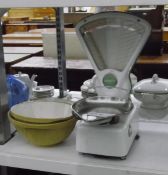 Vintage Avery ceramic weighing scale with stainless steel bowl and two large R G Green mixing bowls