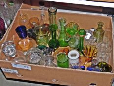 Large quantity of assorted glass including coloured glass, vases, bowls, a decanter, etc.