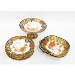 Royal Crown Derby part dessert service in underglaze blue with orange and gilt floral decoration,