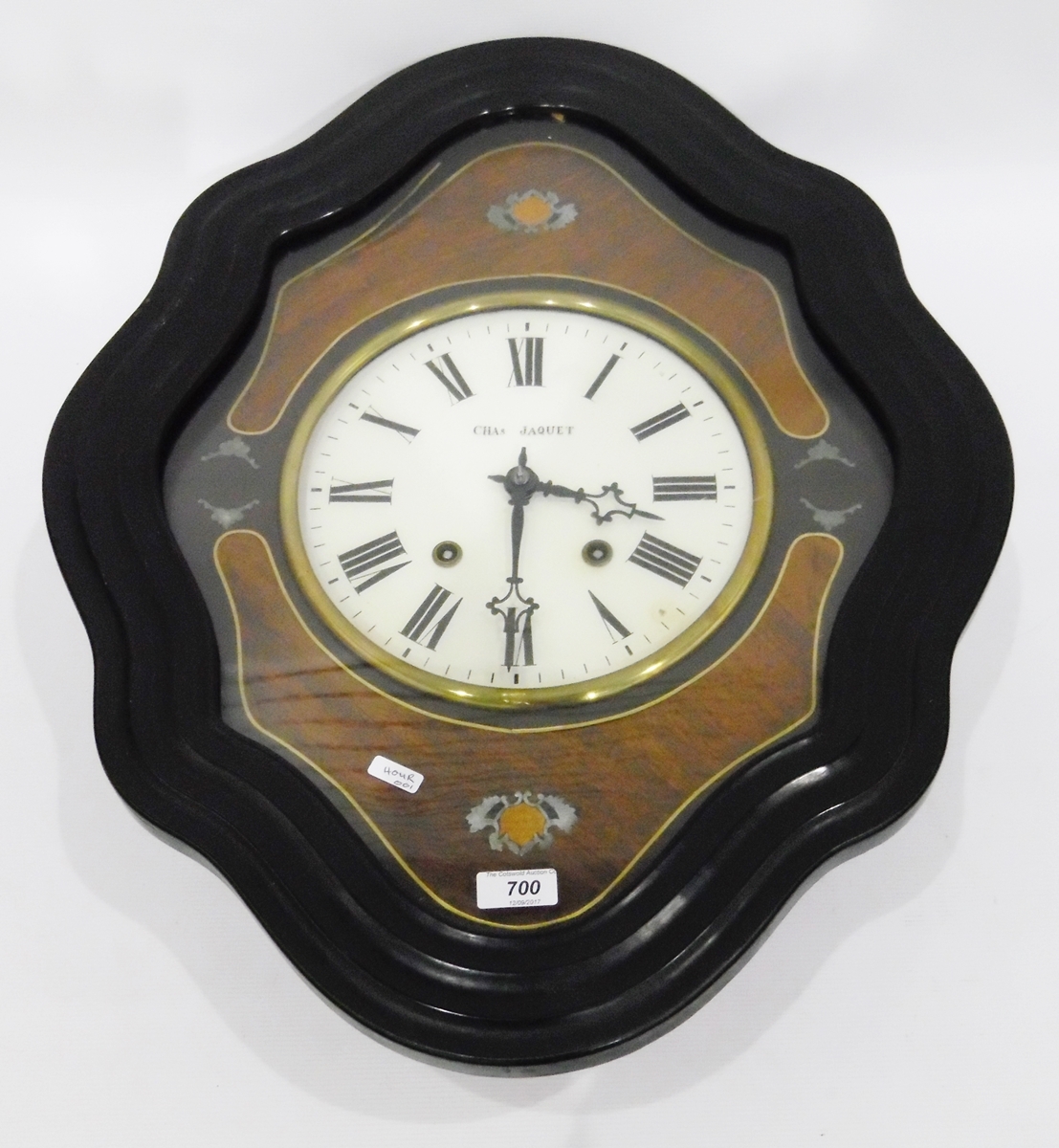 French wall clock, with thirty-hour movement, the circular enamel dial inscribed 'Chas Jaquet',