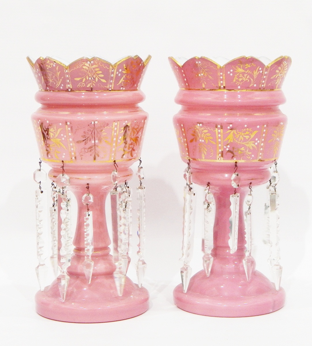 Pair of Victorian pink glass lustres decorated with white enamel and gilding (three lustres - Image 2 of 2