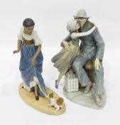 Lladro figure group of sailor saying goodbye to girl, seated by lantern,