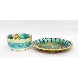 Large majolica dish with foliate border and a majolica bowl, mottled,