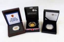 Five silver proof £5 coins comprising a Royal Mint £5 coin to commemorate the 60th anniversary of