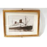Framed photograph of a two-funnel steam ship, 22cm x 35cm