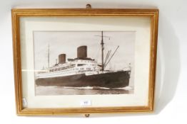 Framed photograph of a two-funnel steam ship, 22cm x 35cm