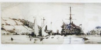 After Frank H Mason (1875-1965) Etching "HMS Britannia off Dartmouth Naval College",