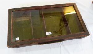 Stained wood table-top display cabinet with glazed sloping lid, four-section and two other table-top