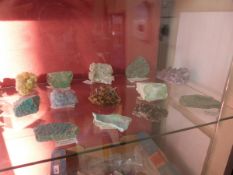 Collection of mineral and rock samples including ruby in zoisite, celestine, dioptase, azurite and