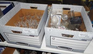Large quantity of glassware including boxed set of Arcoroc fish dishes, two large vases, cut glass,