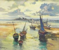 Lucien Fournet (20th century school) Oil on canvas Beach scene with sailing boats,
