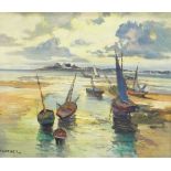 Lucien Fournet (20th century school) Oil on canvas Beach scene with sailing boats,