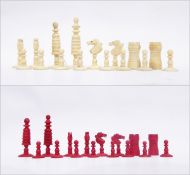 19th century ivory chess set, one side stained red, the other natural,