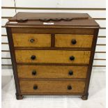 Mahogany and walnut apprentice piece chest of two short and three long drawers, on bracket feet,