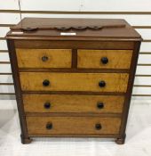 Mahogany and walnut apprentice piece chest of two short and three long drawers, on bracket feet,