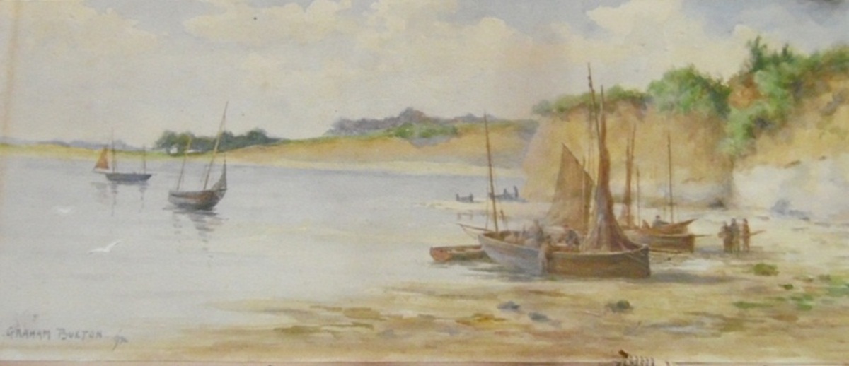 W Graham Buxton (1858-1926) Watercolour drawing Beach scene with fishing boats,