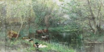 George Poggenbeek (1853-1903) Watercolour drawing River landscape with ducks on bank,