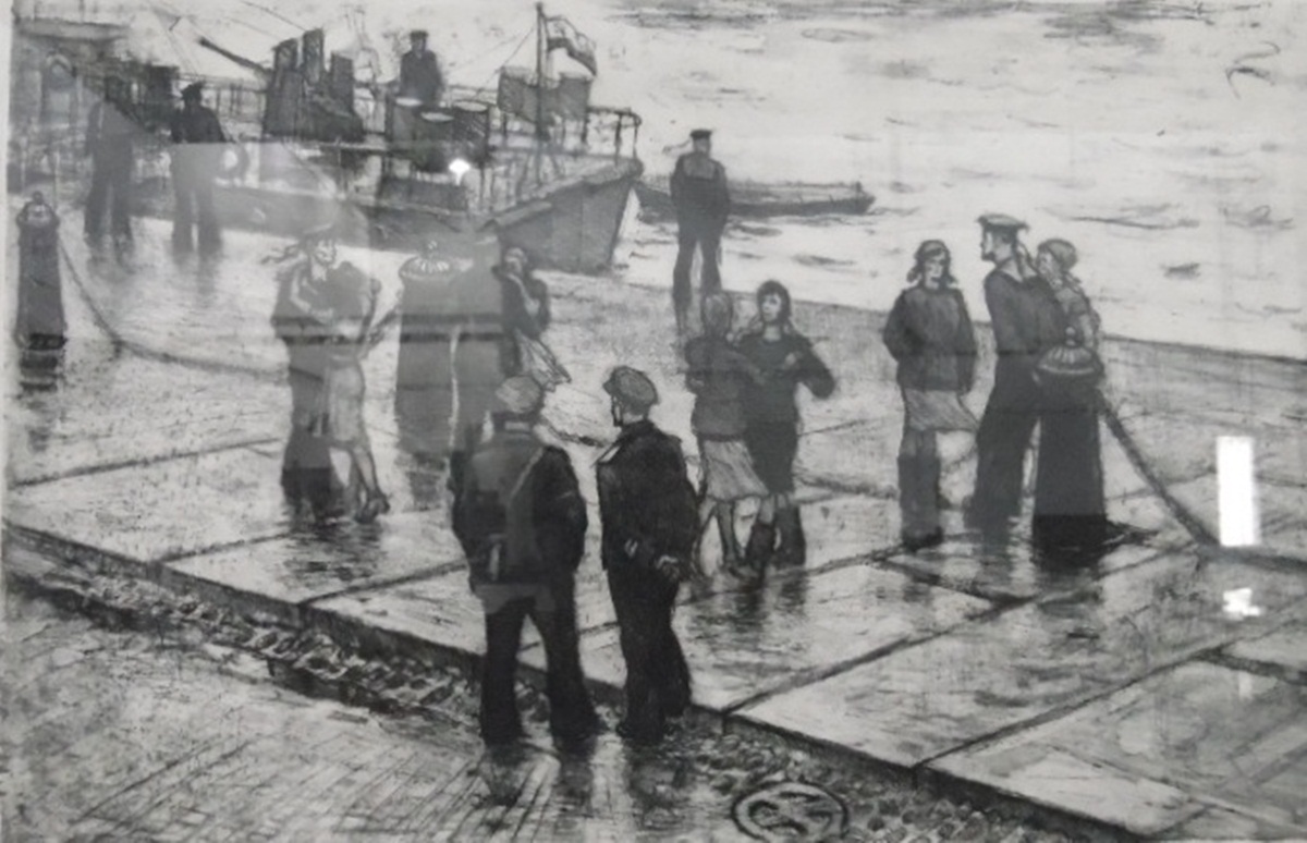 Russian school Etching "Sailor's Farewell, Summer 1943", figures and sailors on quayside,
