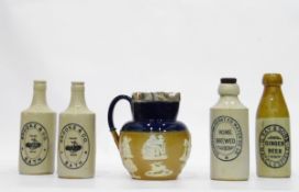 Royal Doulton stoneware jug with silver mount to rim and four stoneware bottles (5)