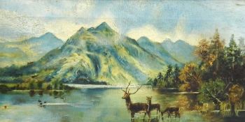 Early 20th century school Oil on canvas Mountainous landscape with deer and lake, unsigned,