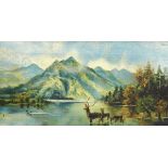 Early 20th century school Oil on canvas Mountainous landscape with deer and lake, unsigned,