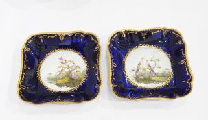 Pair of late 18th century Coalport 'Animal' pattern square-shaped dishes with circular cartouche of