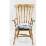 Modern beech high slat-back kitchen elbow chair on turned supports