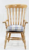 Modern beech high slat-back kitchen elbow chair on turned supports