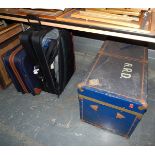 Blue metal-bound trunk and two modern suitcases (3)