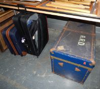 Blue metal-bound trunk and two modern suitcases (3)