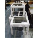 Set of three garden room tables, each with bevelled plate glass inset tops,