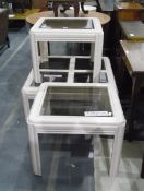 Set of three garden room tables, each with bevelled plate glass inset tops,