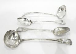 Two large fiddle pattern silver plated basting spoons and two silver plated soup ladles