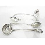 Two large fiddle pattern silver plated basting spoons and two silver plated soup ladles